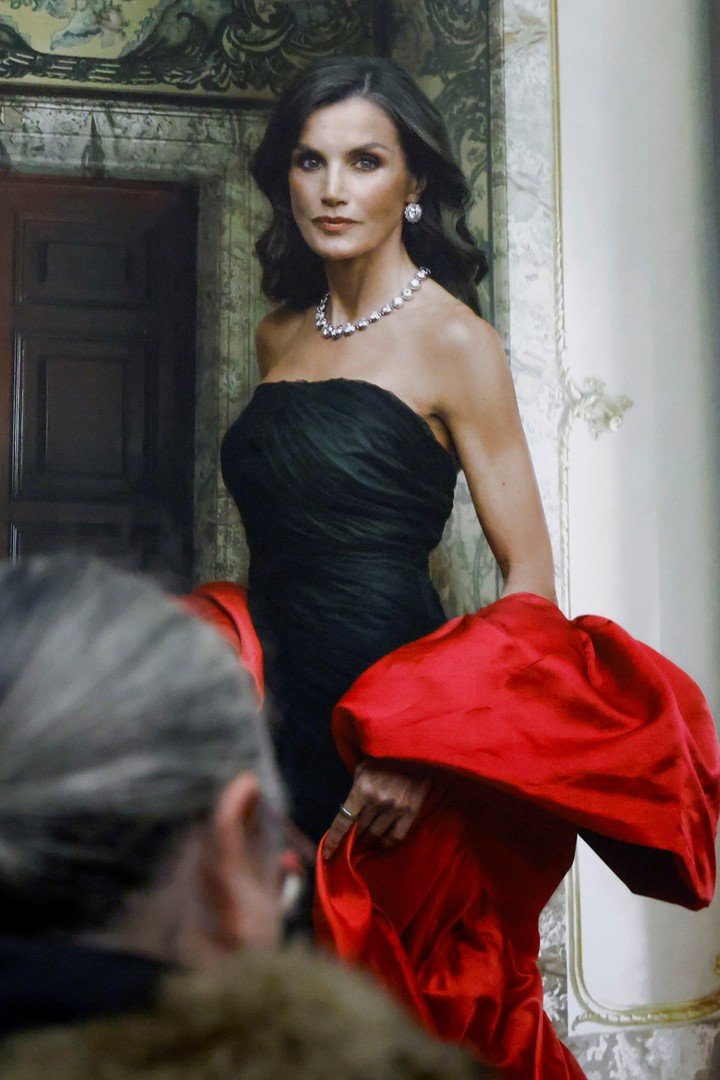 La reina Letizia, con una creación negra y fucsia de Balenciaga y retratada por la fotógrafa Annie Leibovitz. EFE/ Blanca Millez