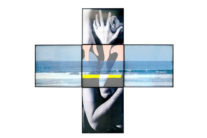 John Baldessari. Intersection Series: Embrace (Hand and Ear)/Seascape [Serie Intersección: abrazo (mano y oreja) marina], 2001. 5 impresiones fotográficas digitales en color (1 con pintura acrílica) montadas sobre tablero de espuma de
PVC, 193 x 214,3 cm. Craig Robins Collection. 