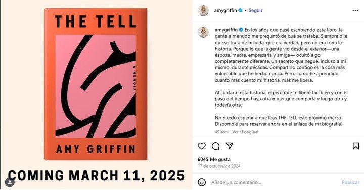 El libro era The Tell (Lo que delata), un texto autobiográfico de Amy Griffin, autora debutante y una de las mujeres más ricas del país. Foto: redes sociales.