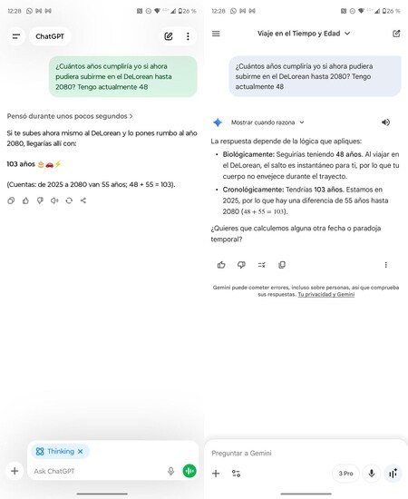 Gemini 3 Pro ha entendido mucho mejor que ChatGPT 5.1 el matiz del viaje en el tiempo (ambos en modo razonamiento)