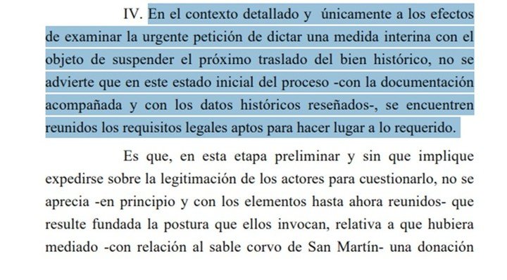 La jueza Macarena Marra Giménez del Juzgado Nº 12 en lo Contencioso Administrativo rechazó la medida cautelar para mantener el sable corvo de San Martín en el Museo Histórico Nacional.