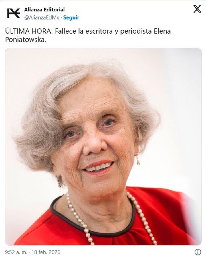 La cuenta desde la que se comunicó la muerte falsa de Elena Poniatowska. Horas más tarde, el periodista italiano Tommaso Debenedetti se atribuyó la fake news.