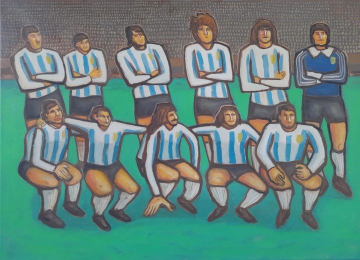 Los campeones del 78, de Enrique Burone Risso, óleo sobre lienzo . 50 x 70 cm . 2025. Foto: gentileza Zurbaran.