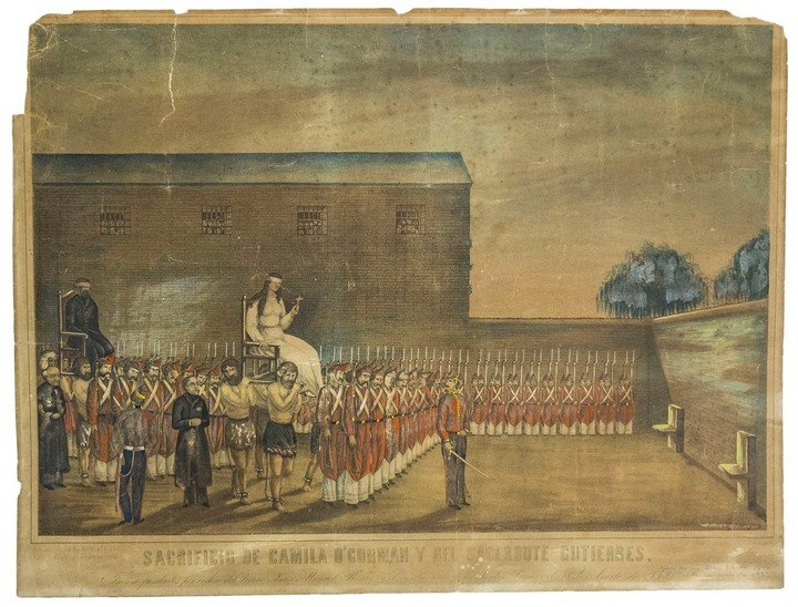 Litografía de Rod Kratzenstein -colección del Museo Marc- donde se lee "Sacrificio de Camila O’ Gorman y del sacerdote Gutierres / Fueron fusilados por orden del tirano Juan Manuel de Rosas, en el Campamento de Los Santos Lugares, el 18 de Agosto de 1848”.